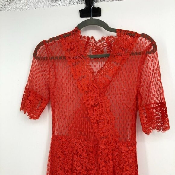 Maje Paris Revanti Red Lace v-neck short sleeve  maxi dress size 1 (small) - Picture 6 of 16